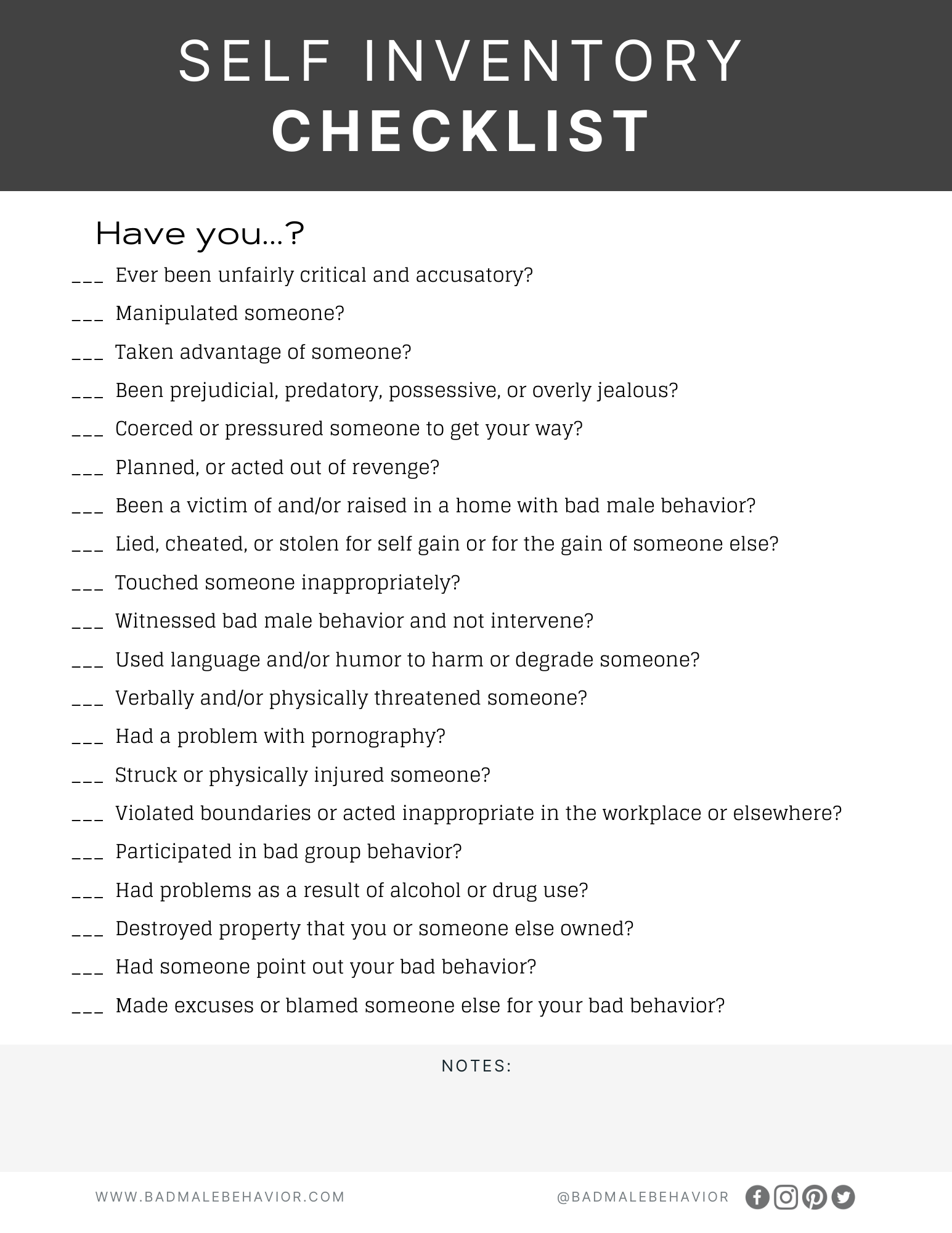 self inventory checklist to identify bad male behavior